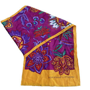 Adrienne Vittadini Silk Scarf Long Rectangle Fringe Ends Mod Flowers Purple Gold